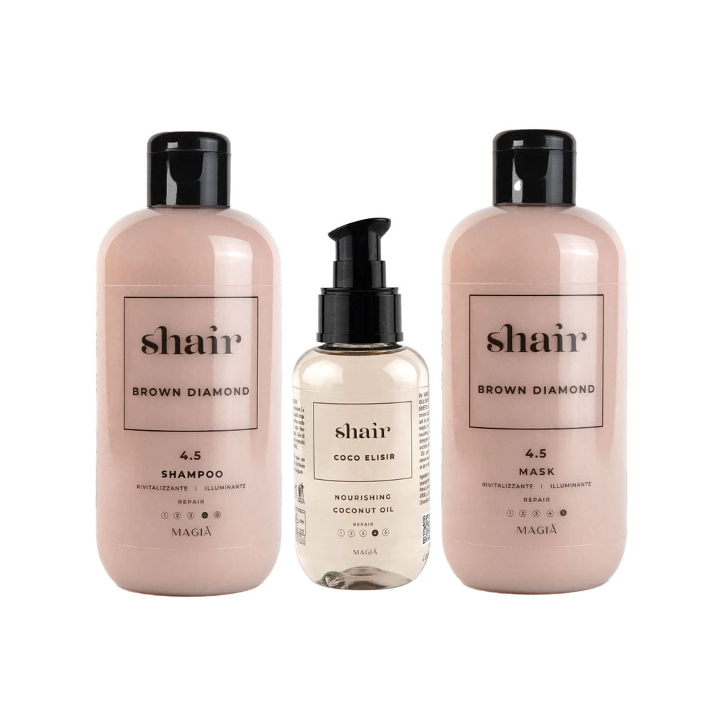 SHAIR | Kit Brown Diamond - Shampoo + Maschera: Rivitalizzante, Illuminante & Riparatore - PH 4.5 (2×250 Ml.) + Elisir al Cocco (100 Ml.)