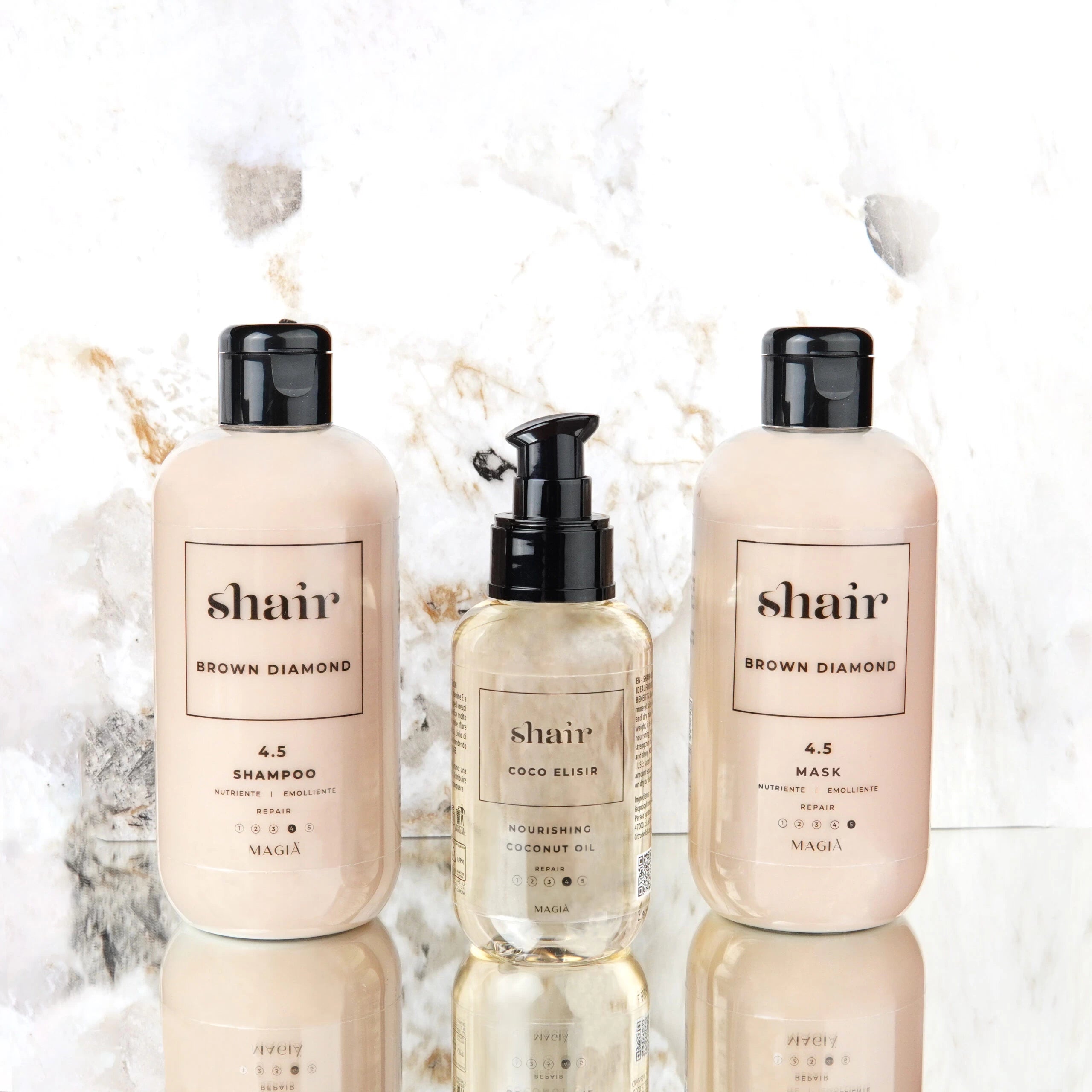 SHAIR | Brown Diamond Kit - Shampoo + Mask: Revitalizing, Illuminating & Repair - PH 4.5 (2×250 Ml.) + Coco Elisir (100 Ml.)