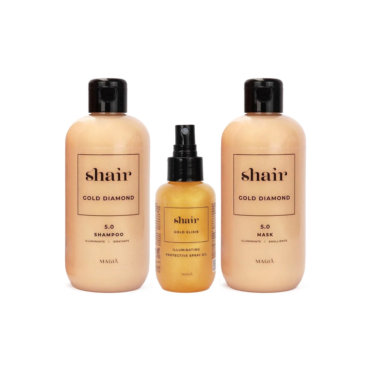 SHAIR | Gold Diamond Tris - Shampoo + Mask + Elisir - With UVB filter for a summer full of brightness and protection