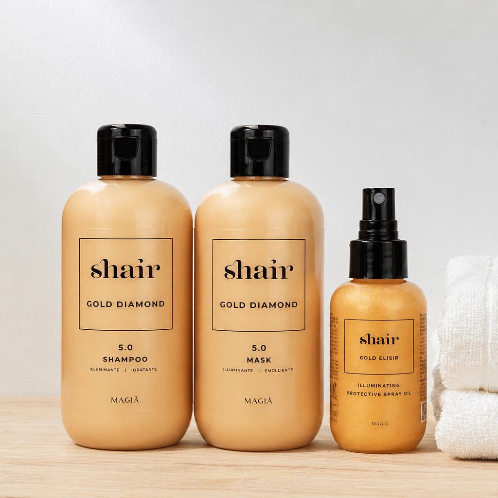 SHAIR | Gold Diamond Tris - Shampoo + Mask + Elisir - With UVB filter for a summer full of brightness and protection