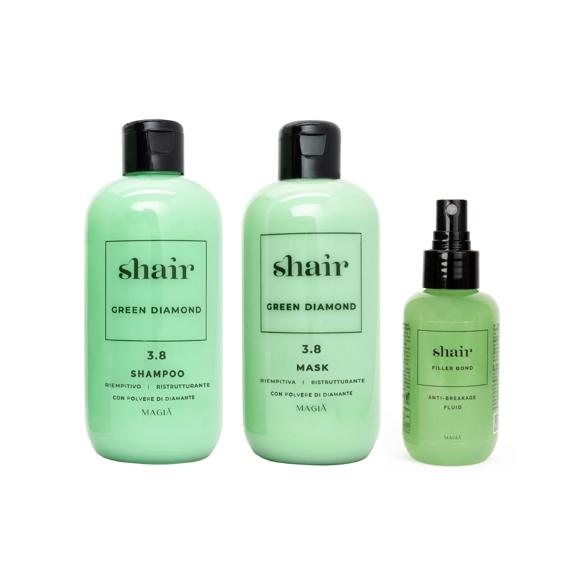 SHAIR | Green Diamond Tris - Shampoo + Mask - PH 3.8, 250 Ml. + Filler Bond